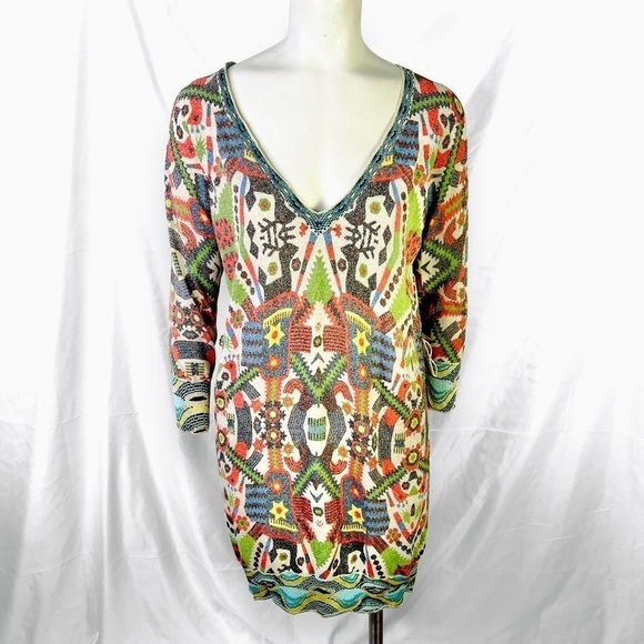 CUSTO BARCELONA MULTICOLOUR AZTEC  BODYCON DROP SHOULDER BELT DRESS LARGE - Picture 3 of 14